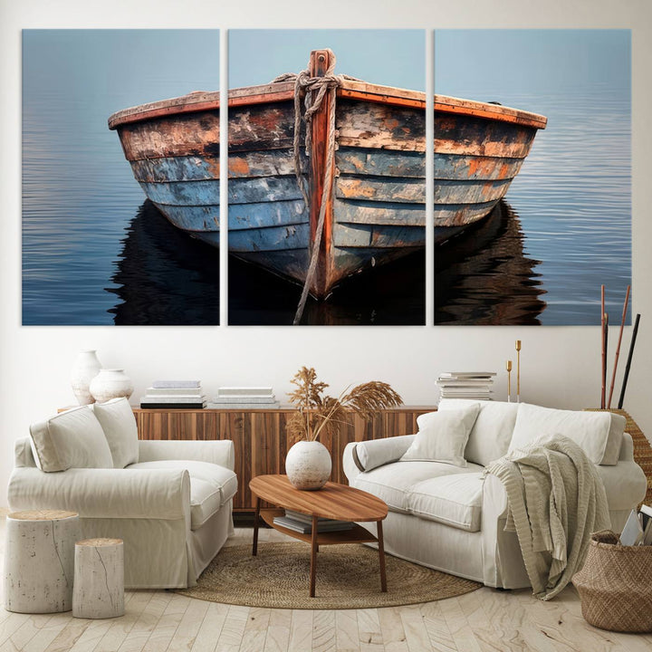 Stunning vintage boat canvas print featuring a calm water scene.