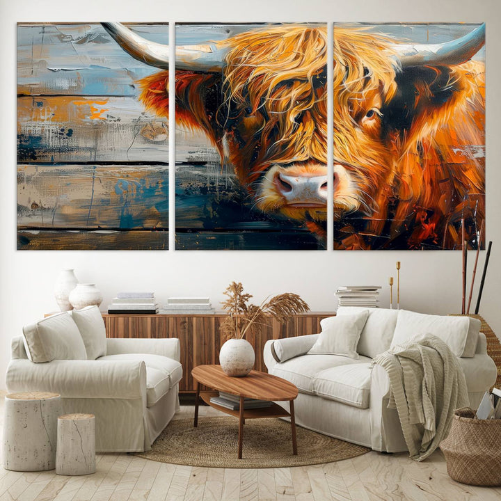 The dining room features Highland Cow Abstract Canvas Wall Art in a farmhouse rustic decor style.