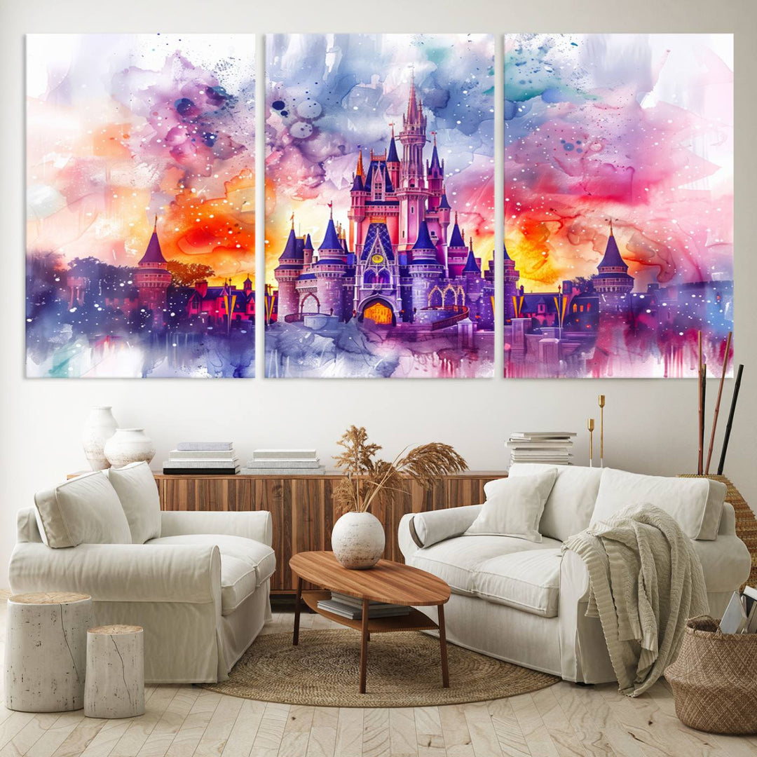 The watercolor Disney Wall Art showcases Cinderellas Castle in pink, purple, and orange hues.