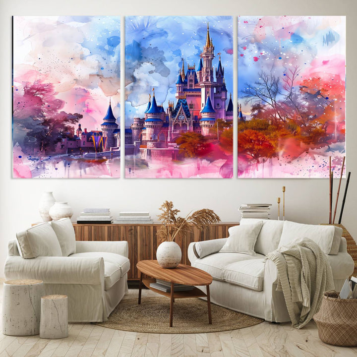 A Disney Wall Art: Dreamy Watercolor Cinderella Castle Canvas Print hangs prominently.