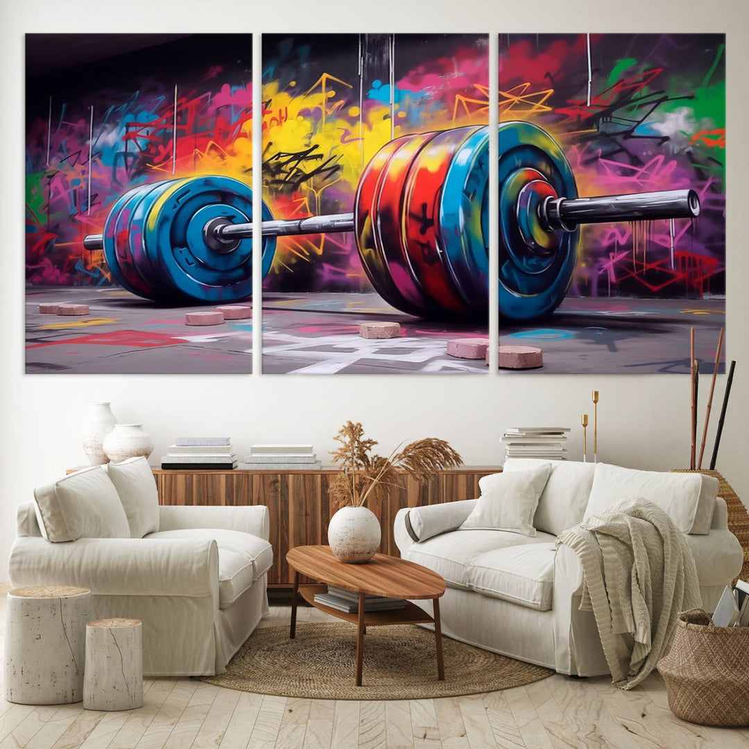 The Abstract Graffiti Barbell Canvas Wall Art is displayed on a porch.