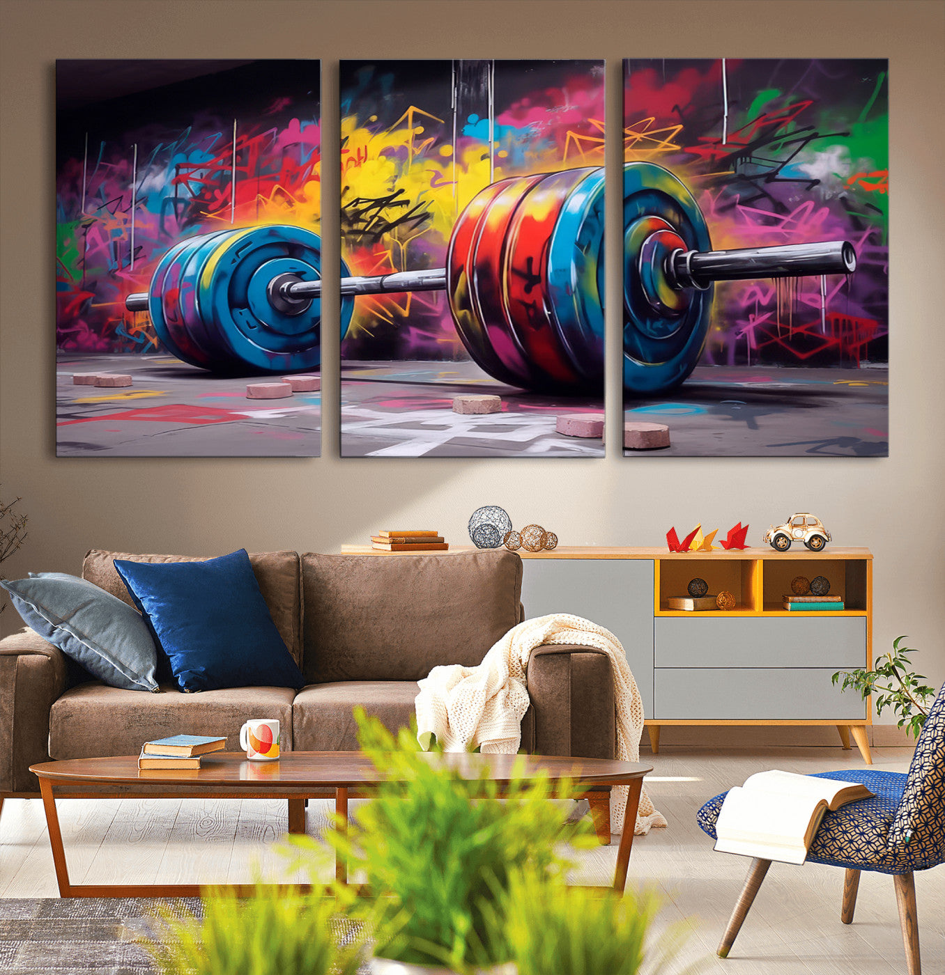 MGV-CV-60X30-3P - Abstract Graffiti Barbell Canvas Wall Art – Urban Fitness Meets Bold Street Art Print - Gym Wall Art