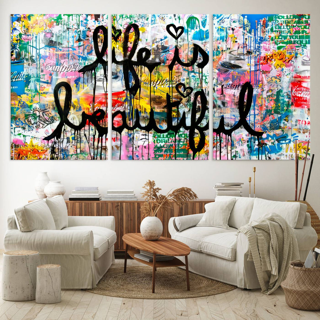 The Life Beautiful graffiti style canvas print is showcased in black script.