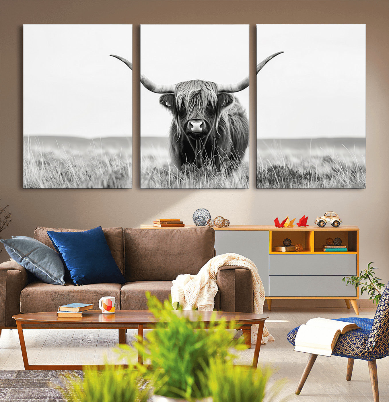 MGV-CV-60X30-3P - Highland Cow Canvas Wall Art – Majestic Beauty in Black and White