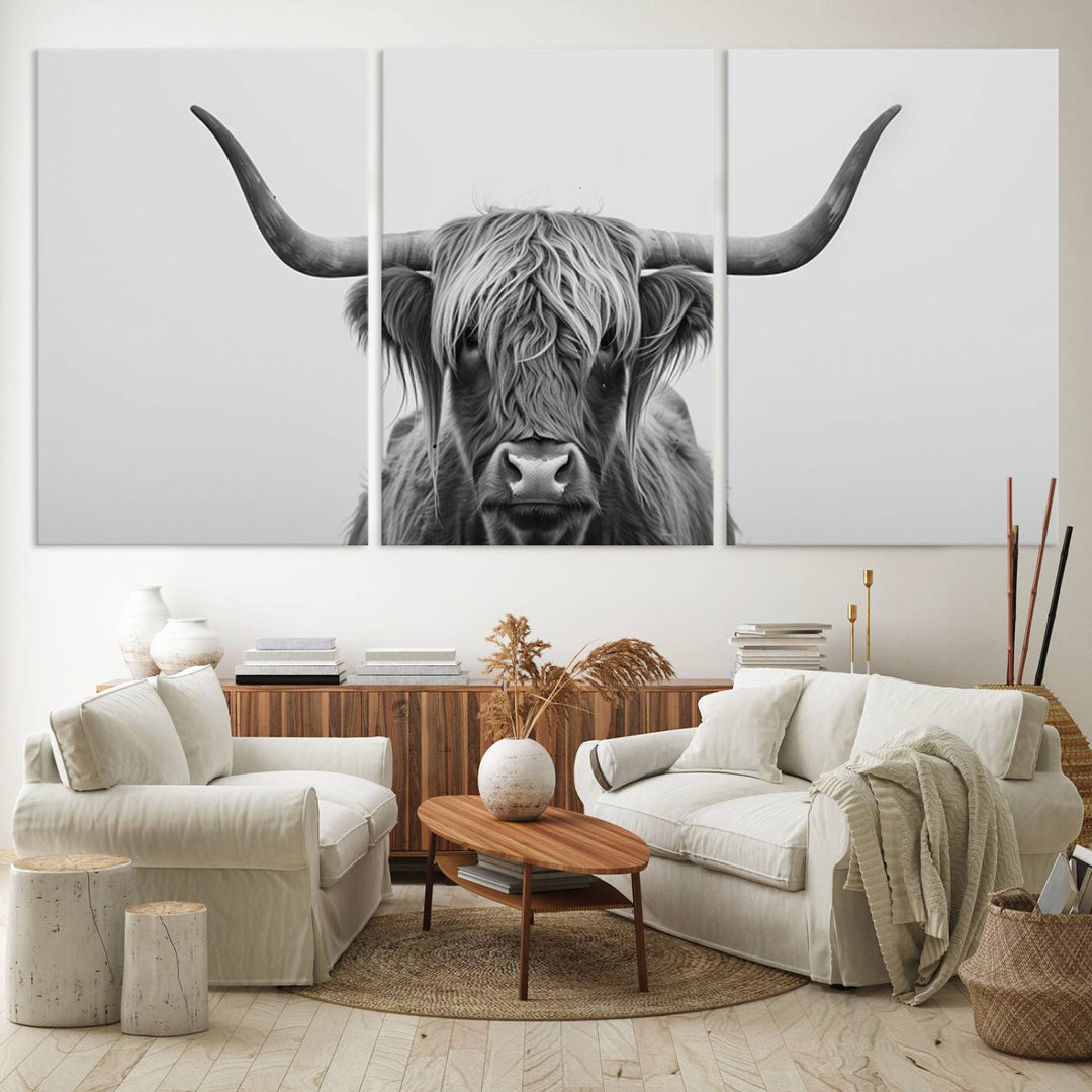 The Farmhouse Longhorn Wall Art Canvas Print adds rustic charm.