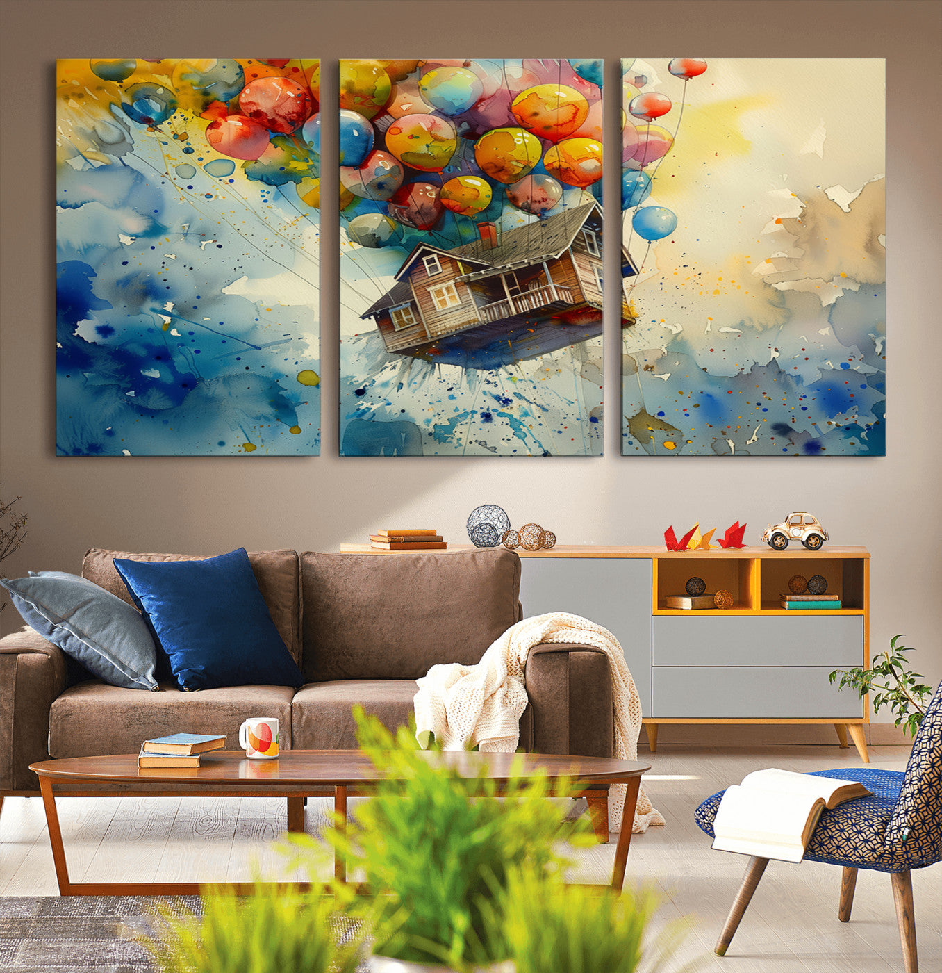 77149-MGV-CV-36X24-UP-Inspired Floating House with Balloons Canvas Art – Colorful 3-Panel Wall Decor for Living Room,