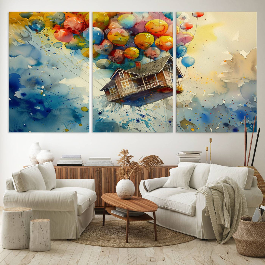 UP-Inspired Floating House with Balloons Triptych Canvas Art – Colorful 3-Panel Wall Decor for Living Room, Office, or Nursery