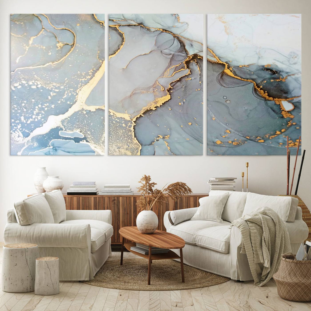 A blue and gold marbled Large Abstract Marble Wall Art Canvas Print hangs overhead.