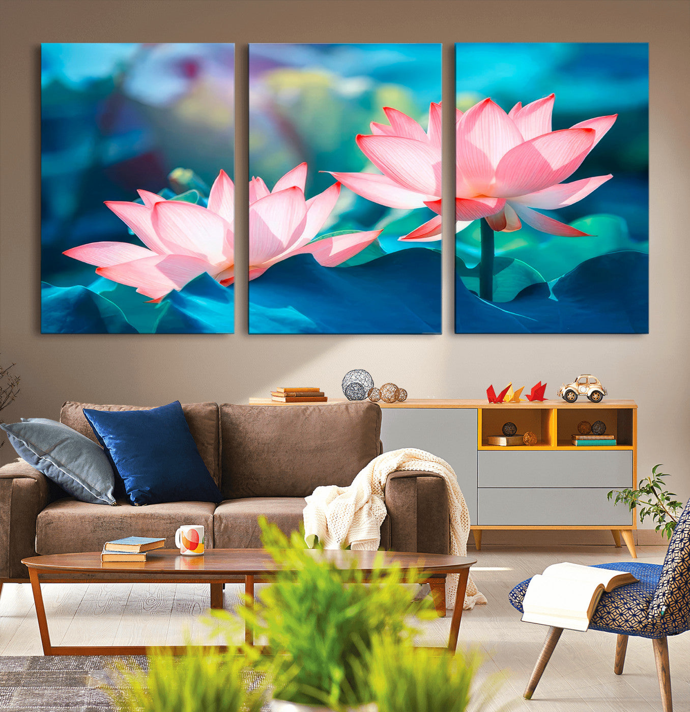 MGV-CV-60X30-3P - Pink Lotus Flower Canvas Wall Art | Vibrant Floral Wall Decor for Living Room, Office, or Bedroom | Large Botanical Art