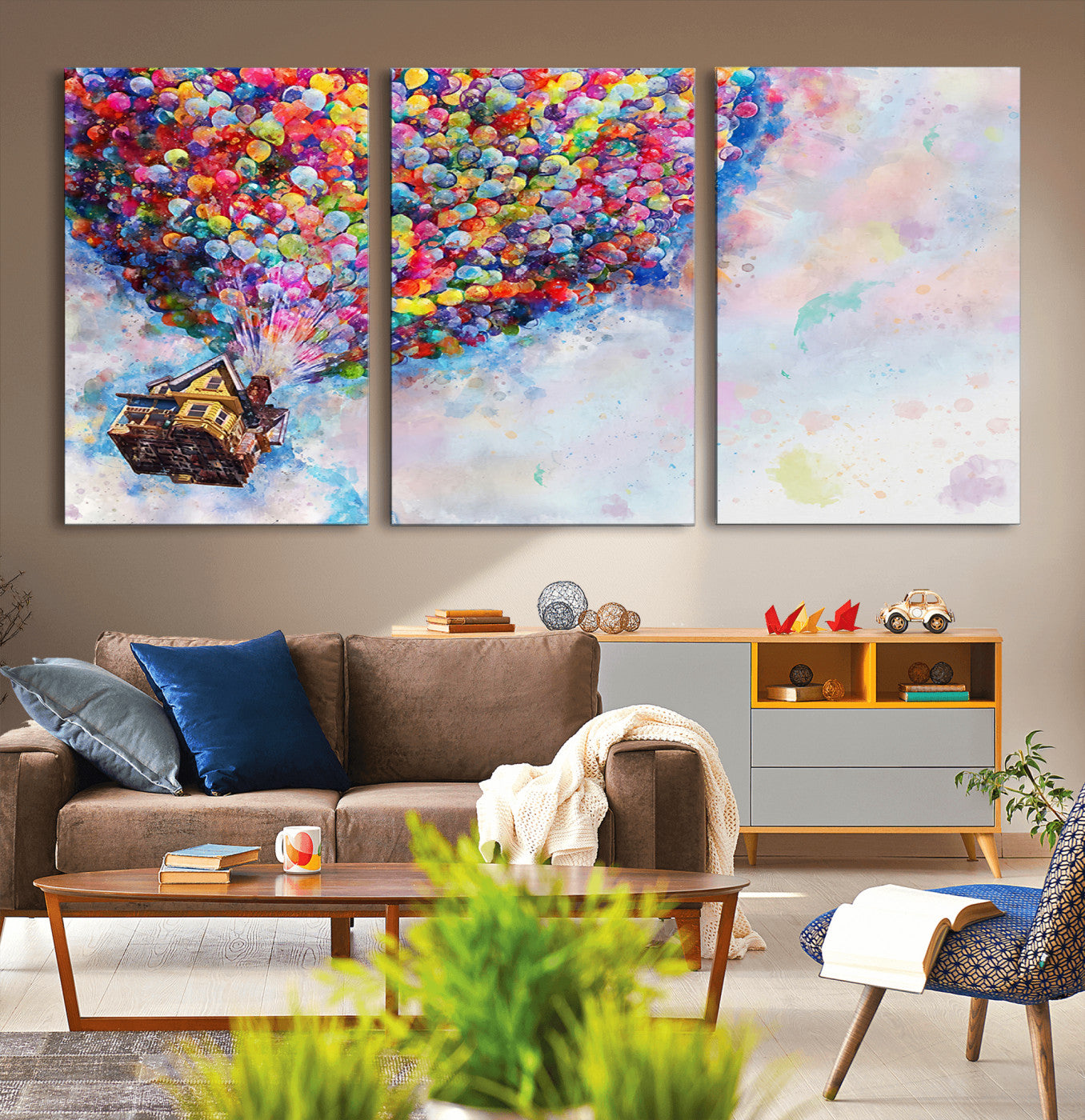 MGV-CV-60X30-3P - Don't Look Up Movie Canvas Wall Art - Vibrant Floating House and Balloons Scene, Tribute to Iconic