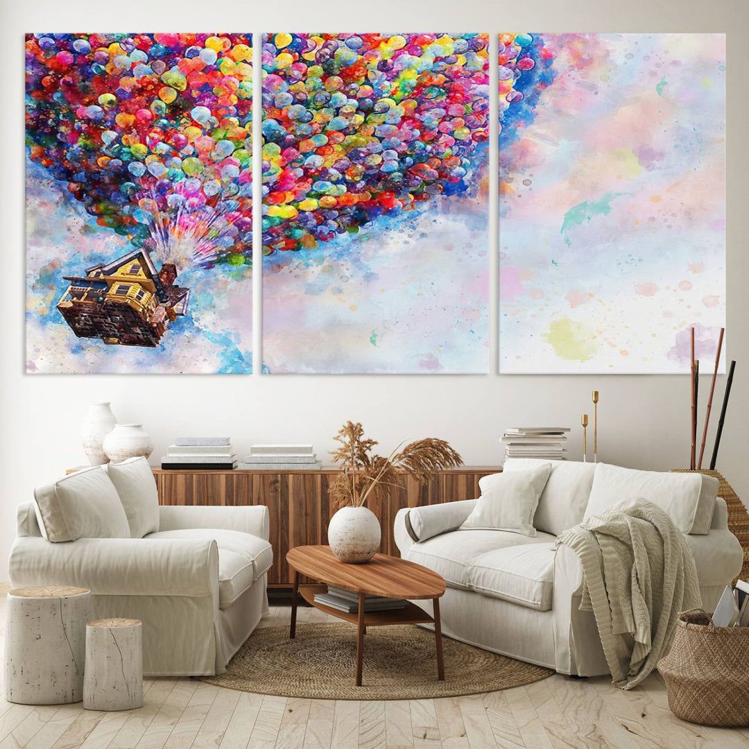 The Dont Look Up canvas wall art, featuring a house and balloons, brightens the kitchen wall.