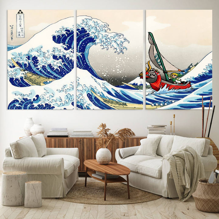 The Katsushika Hokusai Kanagawa Giant Wave Canvas print captures a vibrant sailing scene.