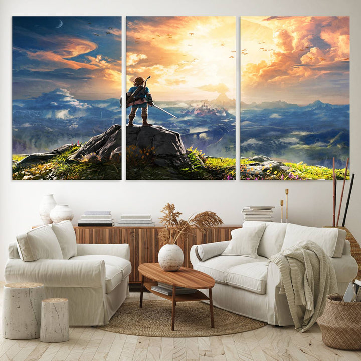 A vibrant Legend of Zelda Breath of the Wild canvas print depicts a figure standing on a rock with mountains and sky in the background.