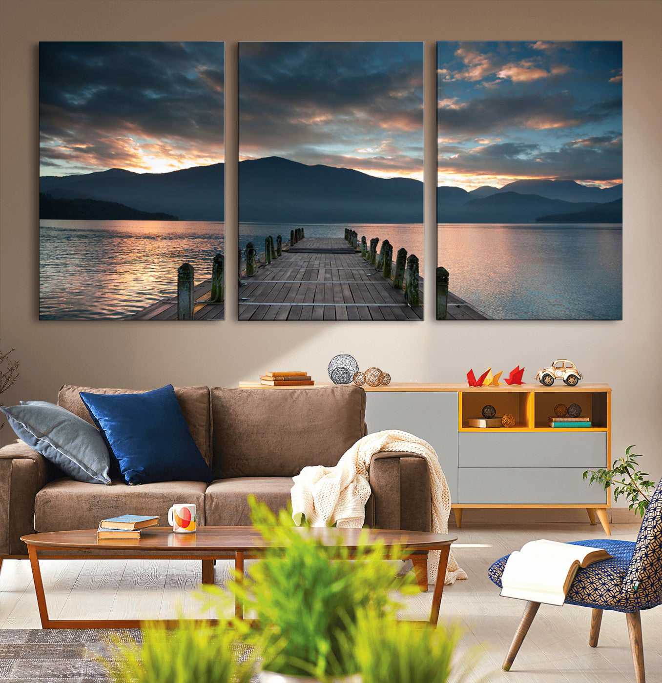 MGV-CV-60X30-3P - Mountain Lake Wood Pier Canvas Wall Art Nature Lake Print