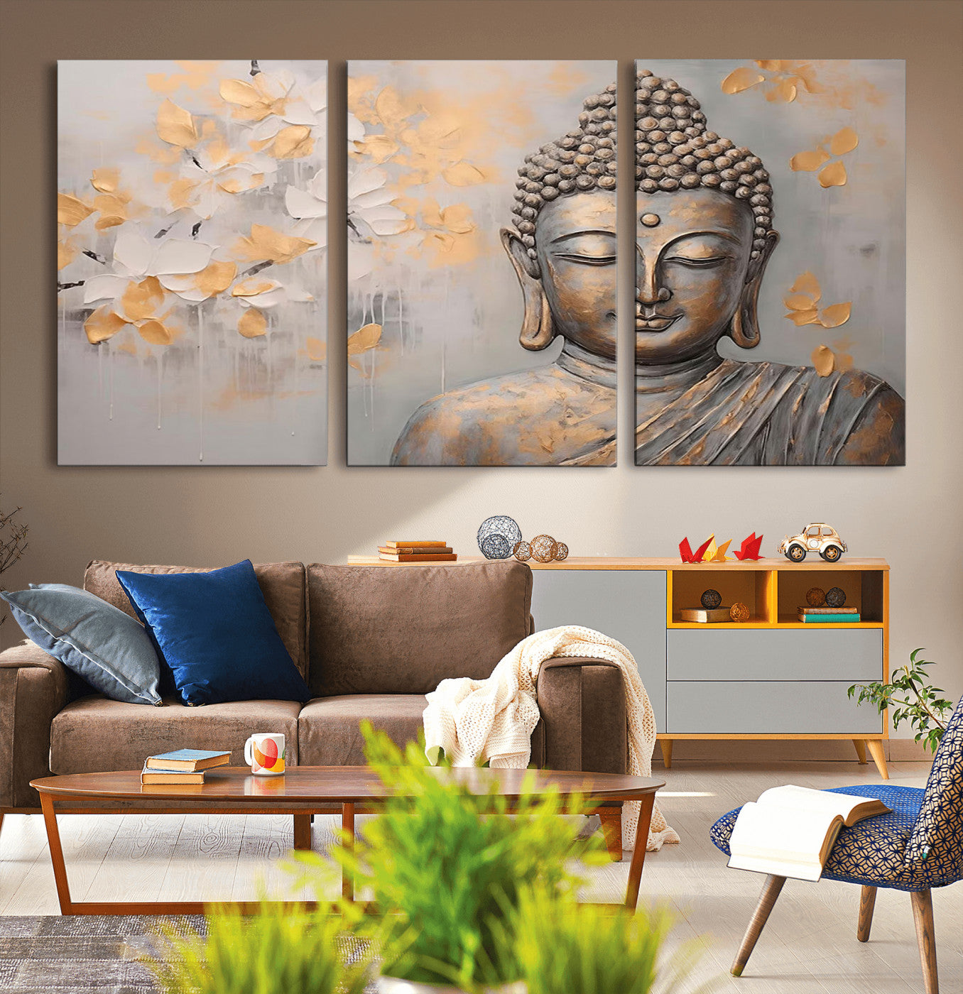 MGV-CV-60X30-3P - Abstract Buddha Statue Wall Art Canvas Print - Modern Meditation Decor for Living Room, Office, Yoga Studio Decor