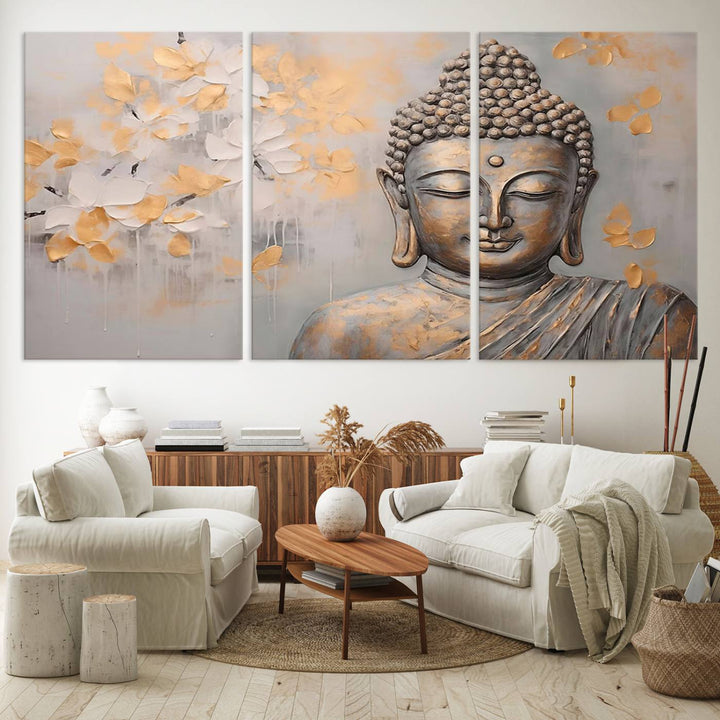 The serene dining room features Abstract Buddha Statue Wall Art.