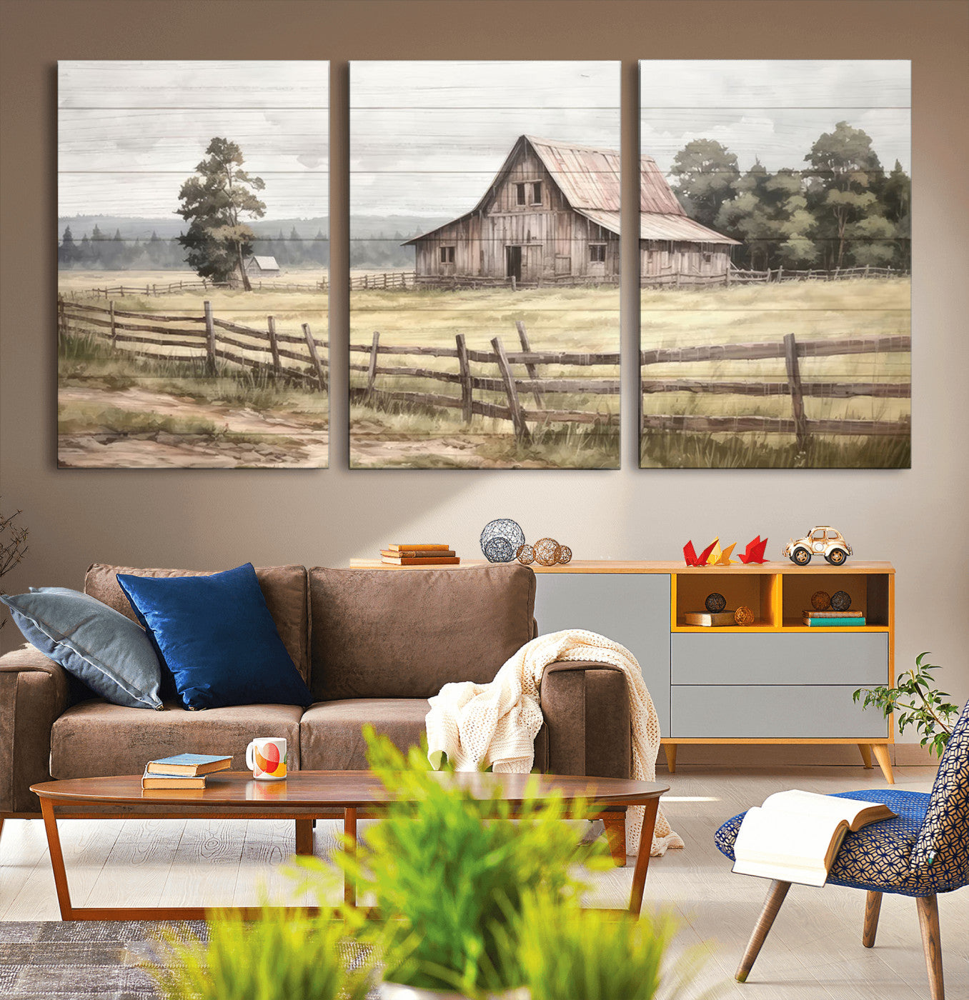 87489-MGV-CV-36X24-Rustic Farmhouse Barn Wall Art | 3-Panel Framed Gallery Wrap Giclee Canvas Print for Living Room,