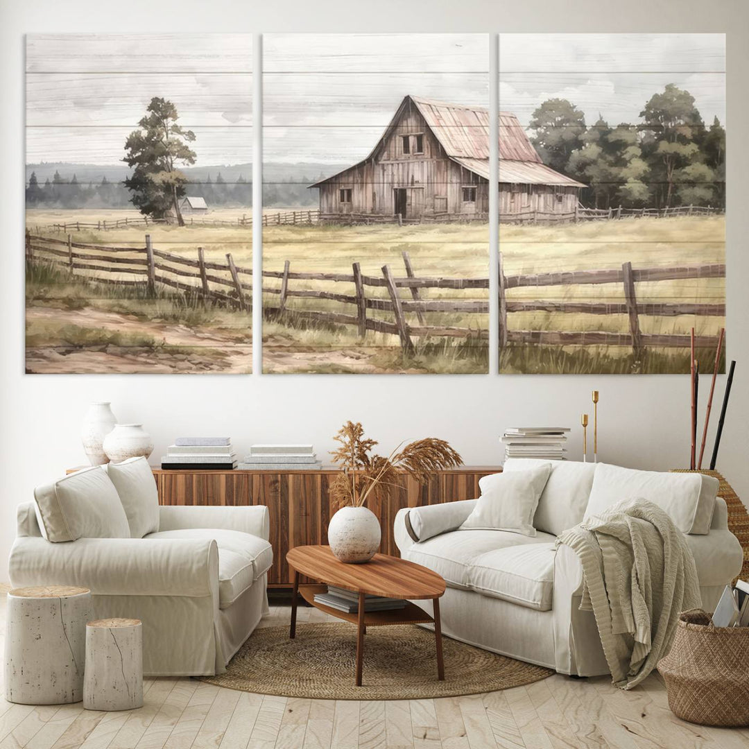 The wall is adorned with a Rustic Farmhouse Barn Wall Art.