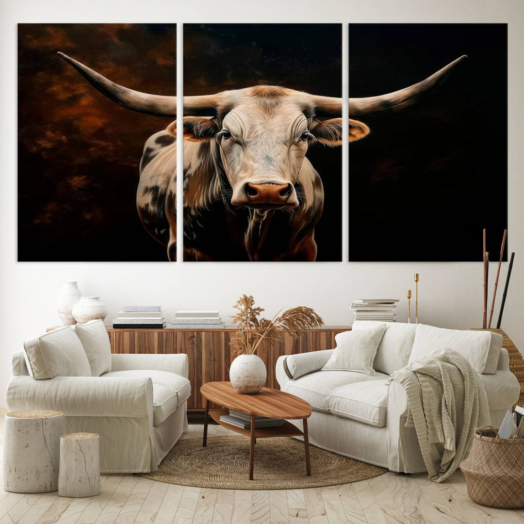 A large 3-panel Texas Longhorn canvas print dominates the space.