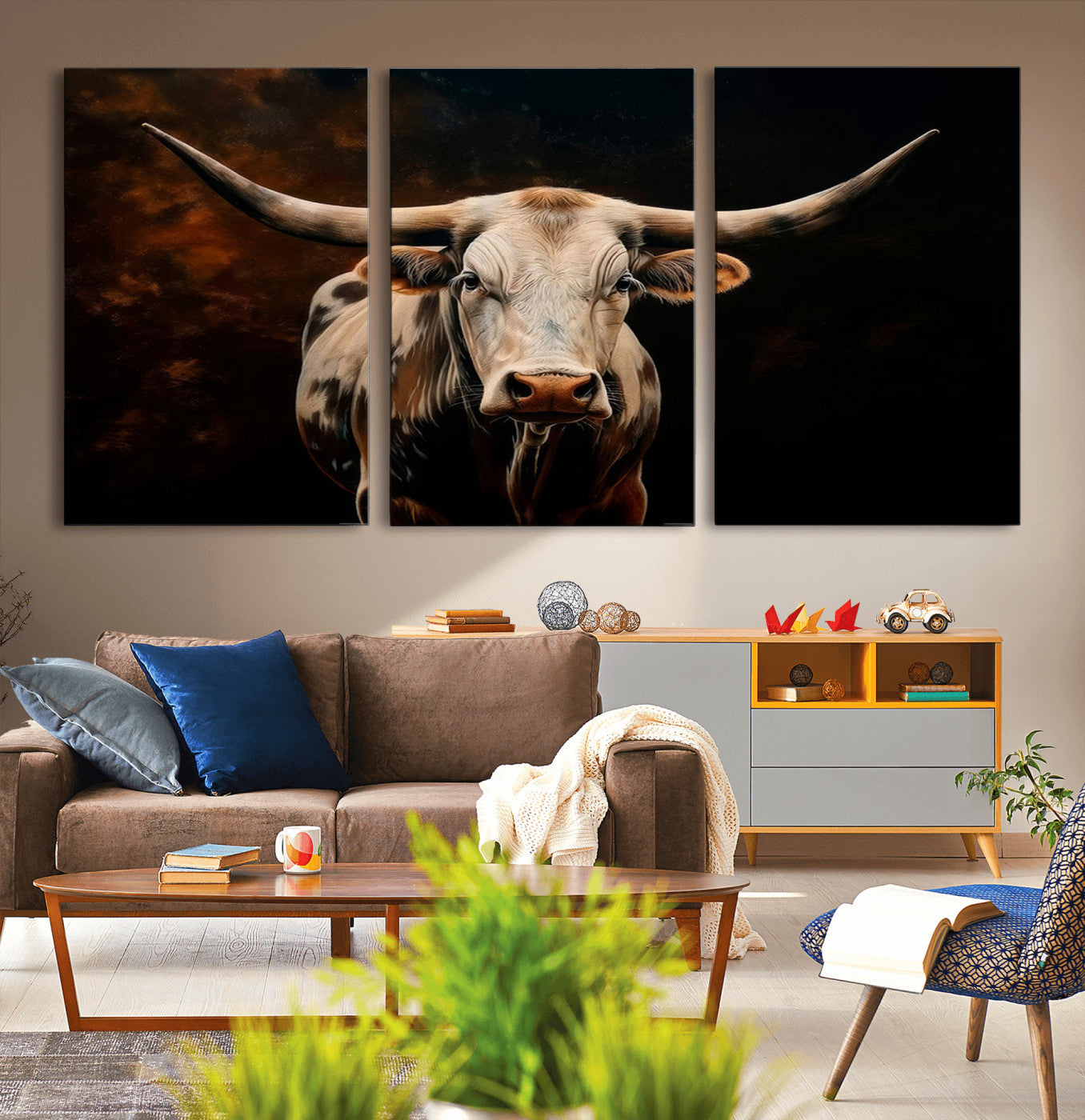 MGV-CV-60X30-3P - Texas Longhorn Wall Art | 3-Panel Large Texas Longhorn Canvas Print for Living Room, Office, or Farmhouse Decor | Framed Giclee Longhorn Wall Art