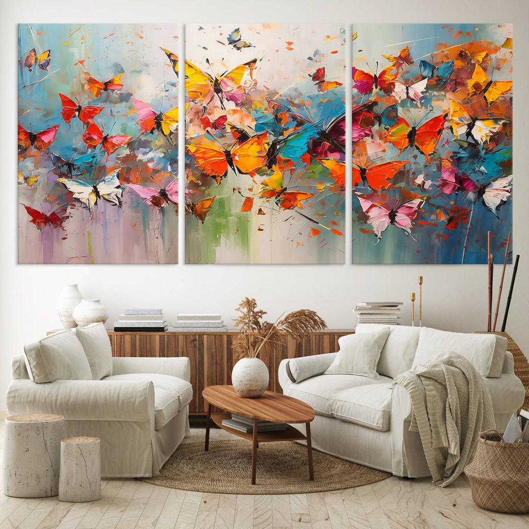 The Abstract Butterfly Wall Art Canvas Print hangs prominently, adding a touch of elegance and creativity to the room.