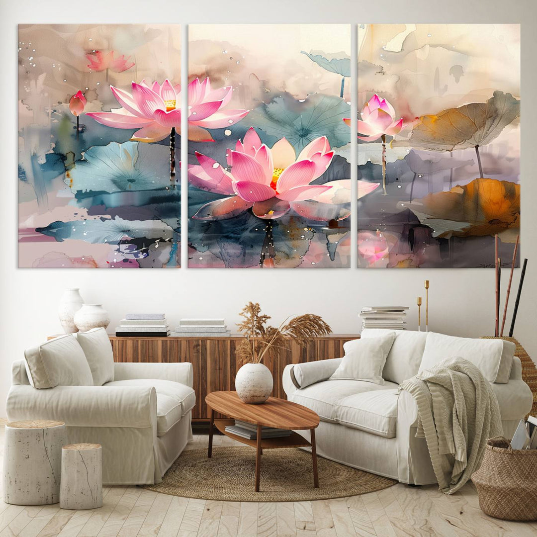 A pink lotus wall art adorns the space.