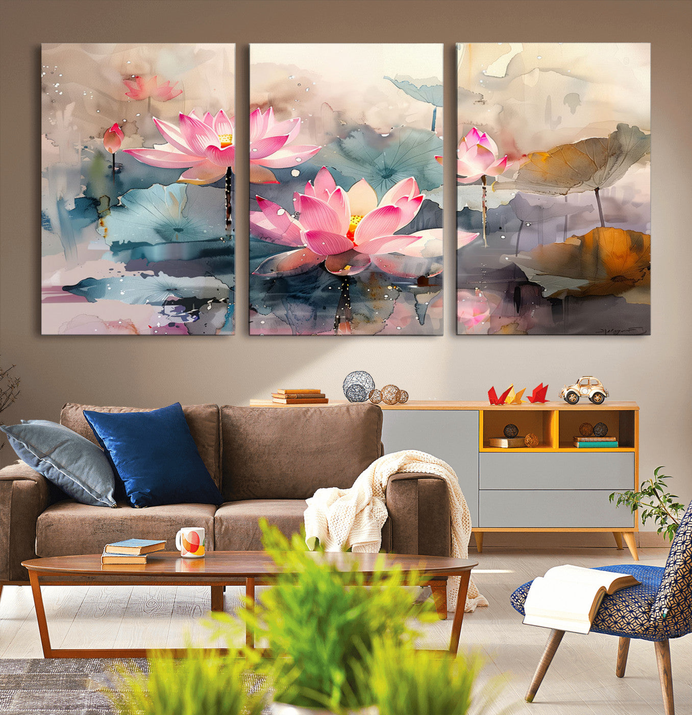 MGV-CV-60X30-3P - Lotus Flower Wall Art | 3-Panel Giclee Canvas Print of Pink Lotus Blossoms for Living Room, Bedroom, Office | Framed Lotus Floral Wall Art Decor Print