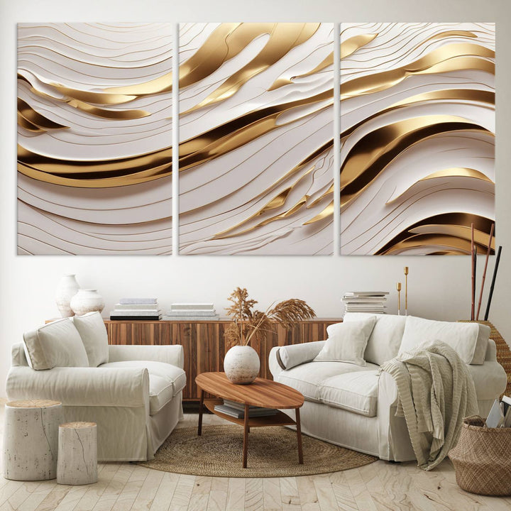 A Gold and White Abstract Wave Canvas with luxurious golden accents.