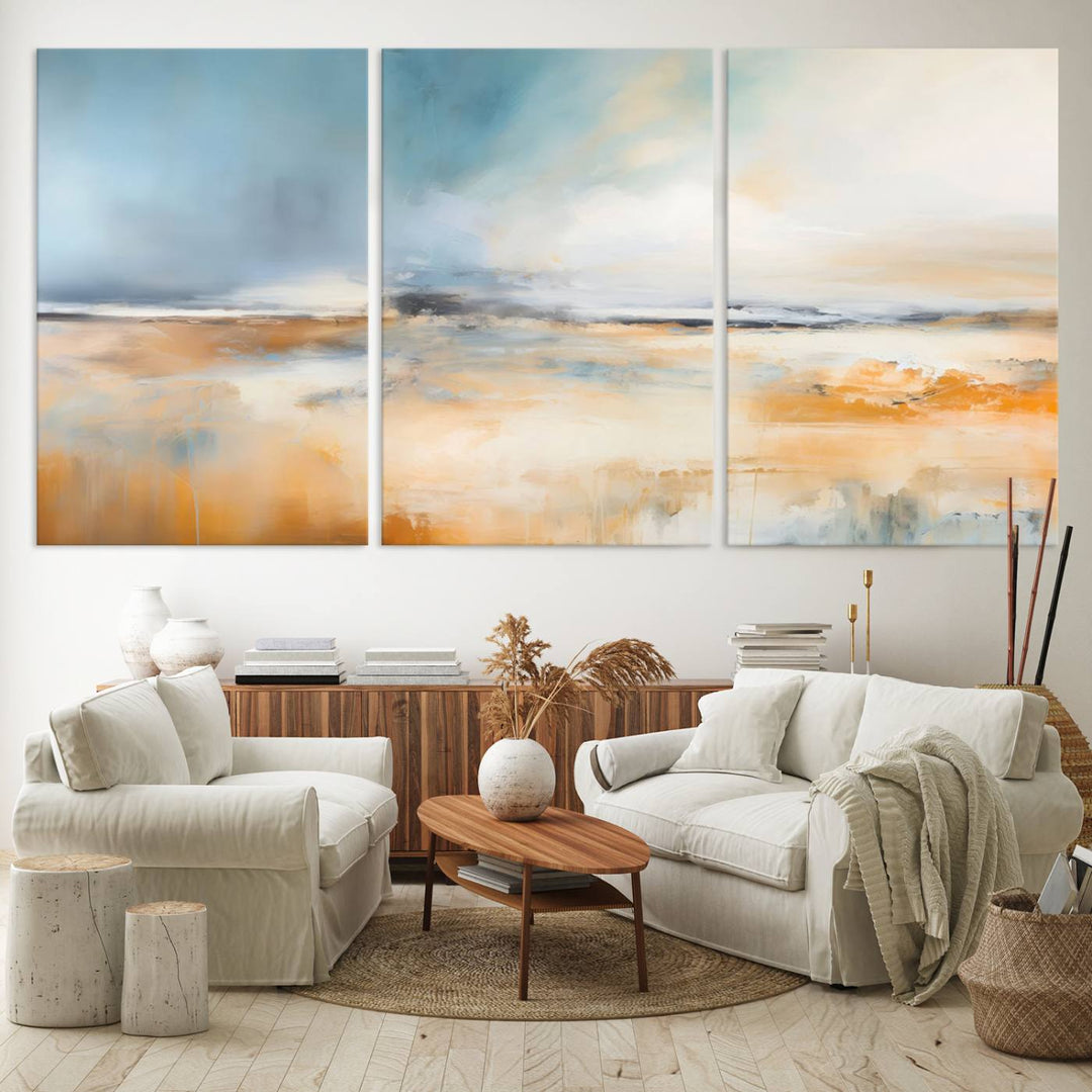 Abstract Landscape Wall Art in warm tones of orange and blue.