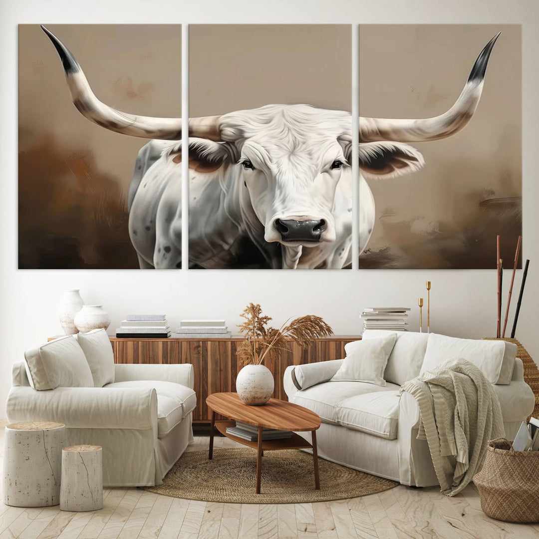 The kitchen features a striking canvas print of a Longhorn Bull.