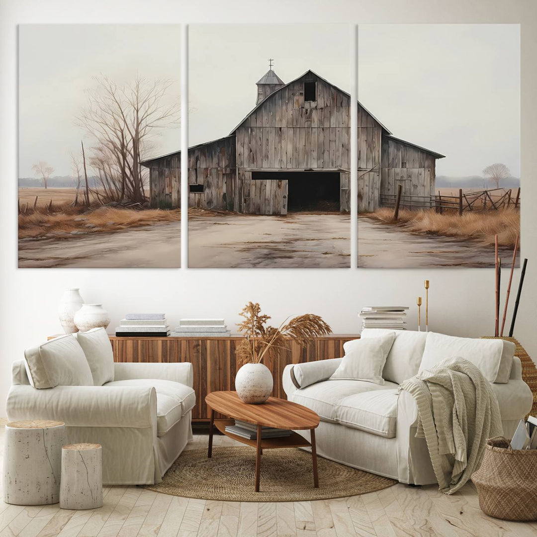 The Farmhouse Rustic Barn Wall Art Canvas Print, framed and ready to hang, enhances the farmhouse décor.