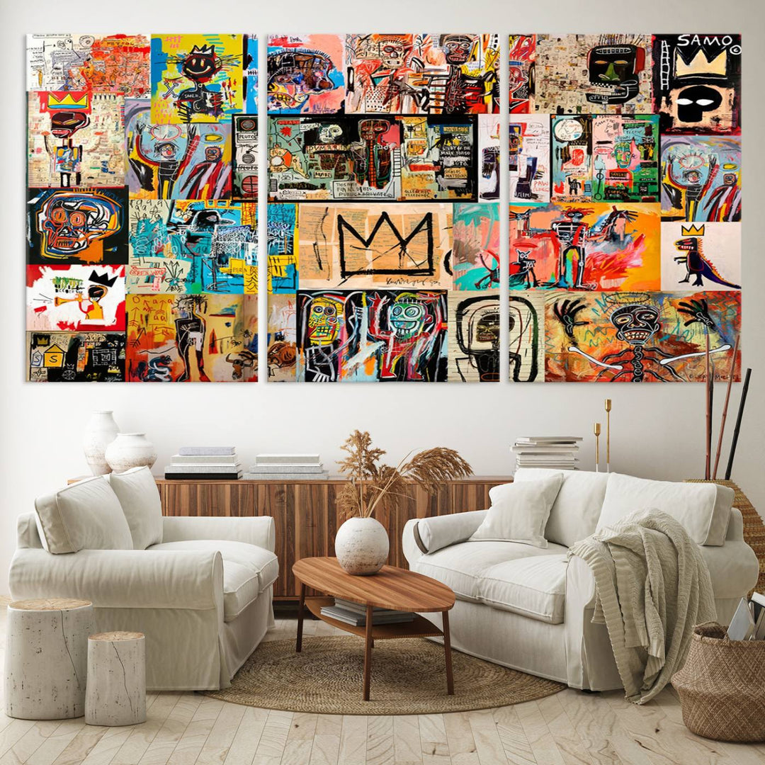 A Basquiat graffiti-style collage adorns the wall.