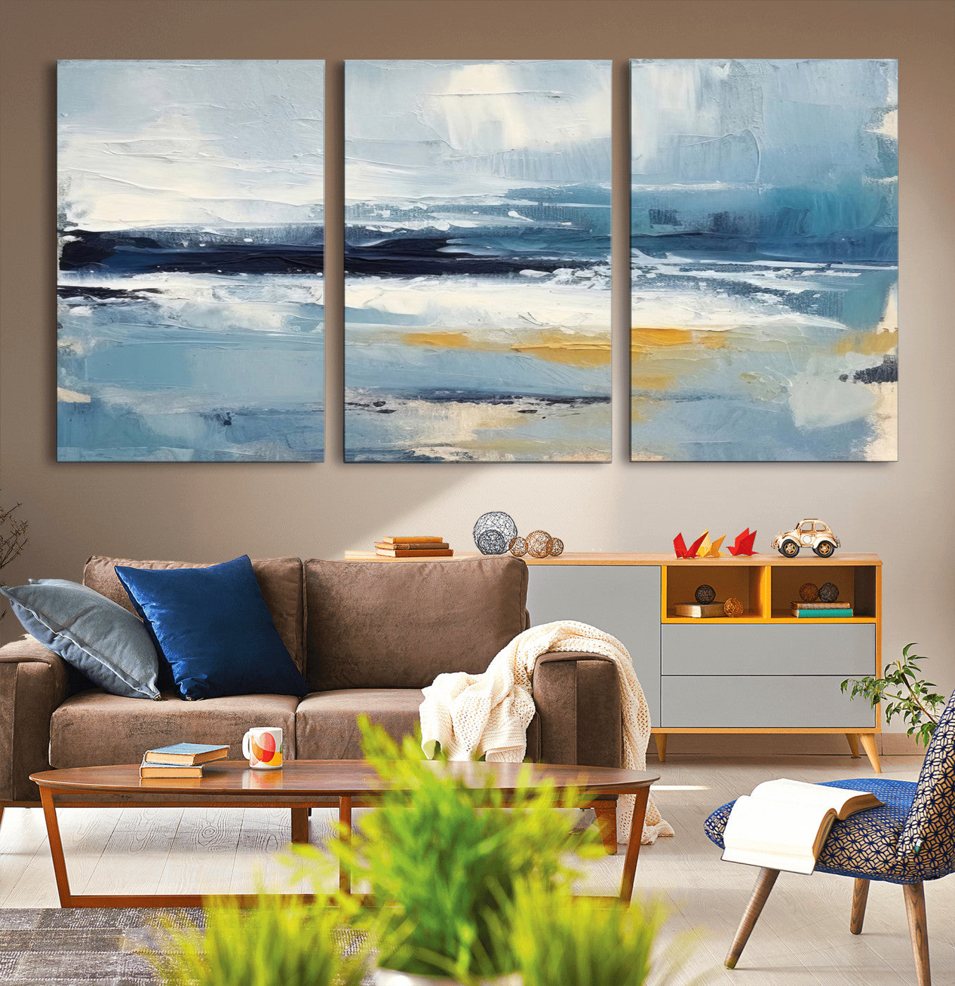 MGV-CV-60X30-3P - Abstract Ocean Canvas Wall Art - Coastal Blue and Gold Textured Painting, Modern Seascape Decor for Living Room Decor