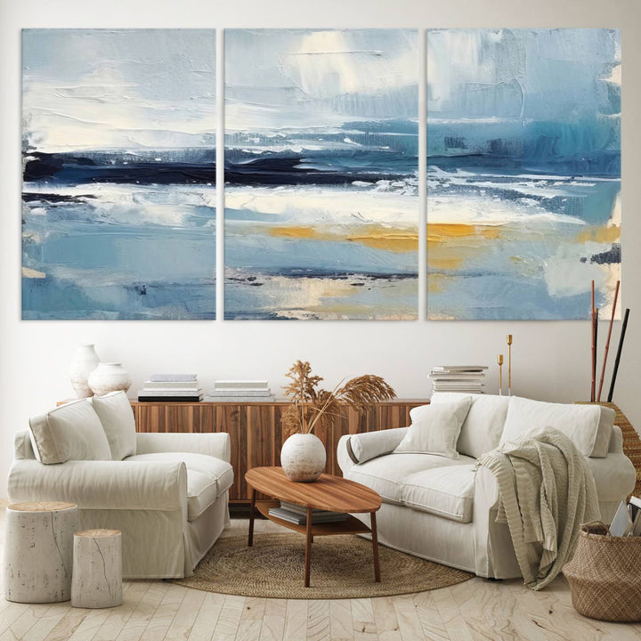 The Abstract Ocean Canvas Wall Art in coastal blue and gold enhances the modern kitchen.