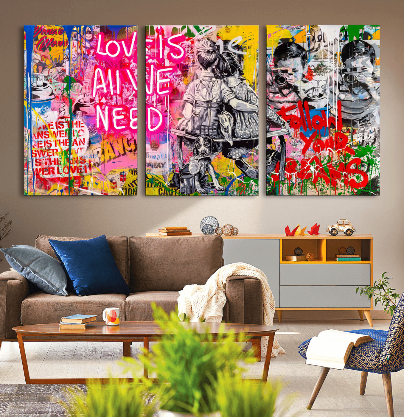 67019-MGV-CV-36X24-Follow Your Dreams & Love is All We Need Graffiti Street Art Triptych | Colorful Urban Wall Art