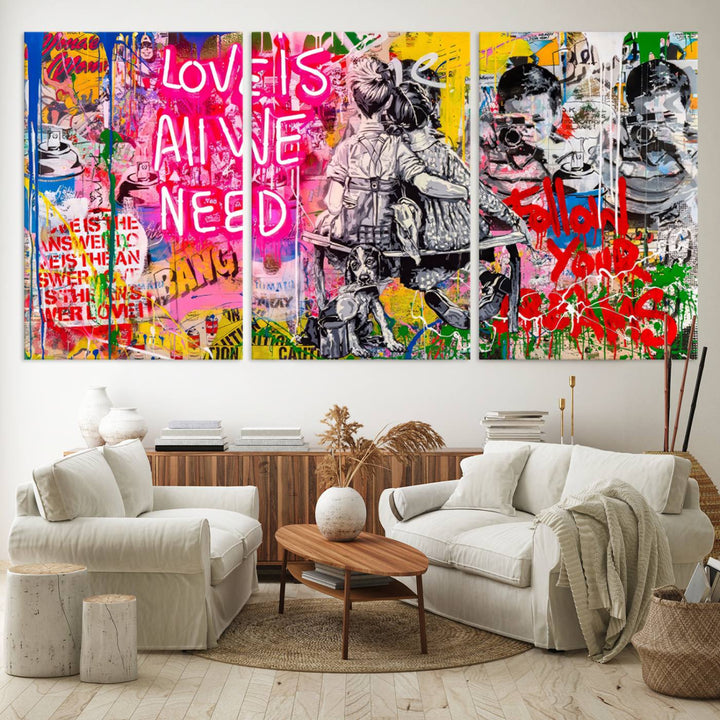 A vibrant and dynamic triptych features distorted horizontal lines, resembling graffiti street art. This artwork conveys the themes of "Follow Your Dreams" and "Love is All We Need" across three colorful panels.