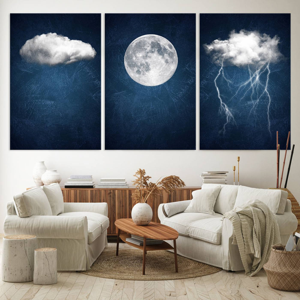 Dark Blue Cloud Art featuring a surreal moon and thunderstorm on a dark background.