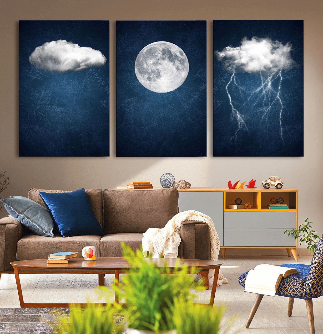 -Dark Blue Cloud Art, 3 Piece Indigo Blue Wall Art, Aesthetic Surreal Art, Thunderstorm Moon Cloud