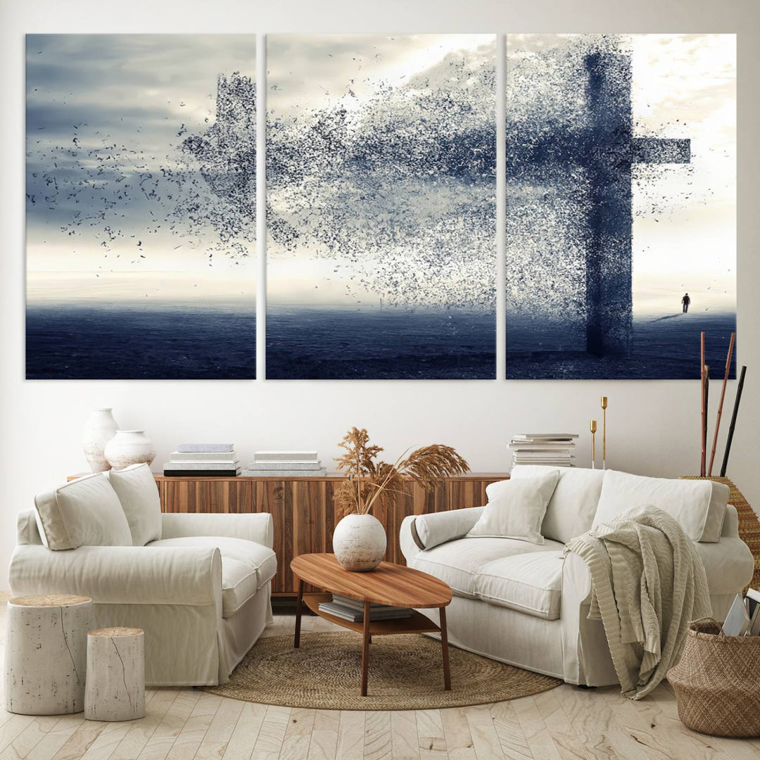 The Jesus and the Fading Cross wall art portrays a moody landscape.