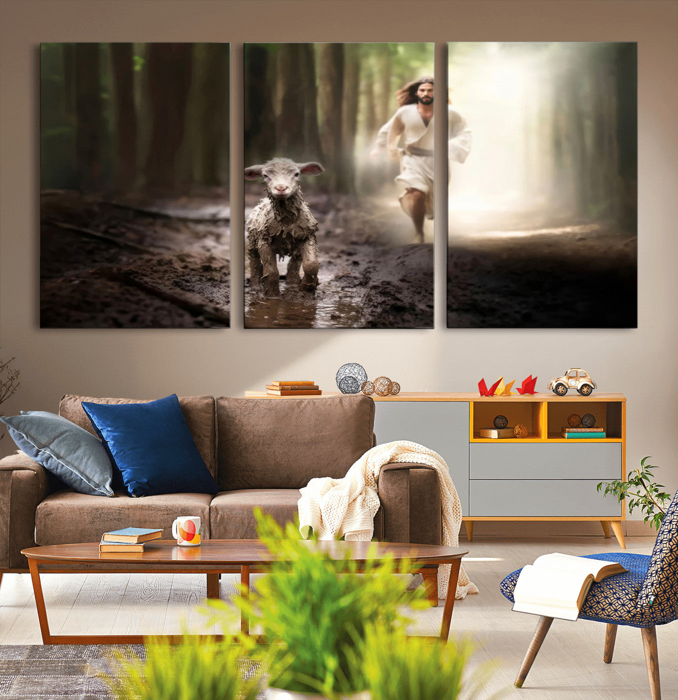 MGV-CV-60X30-3P - Jesus Canvas Wall Art - Jesus Running After Lost Lamb, Jesus, Christian Home Decor - Church Wall Art