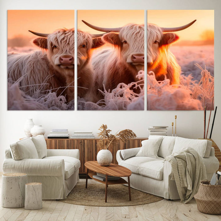 Highland Cows at Sunrise Wall Art adds serene rustic farmhouse charm.