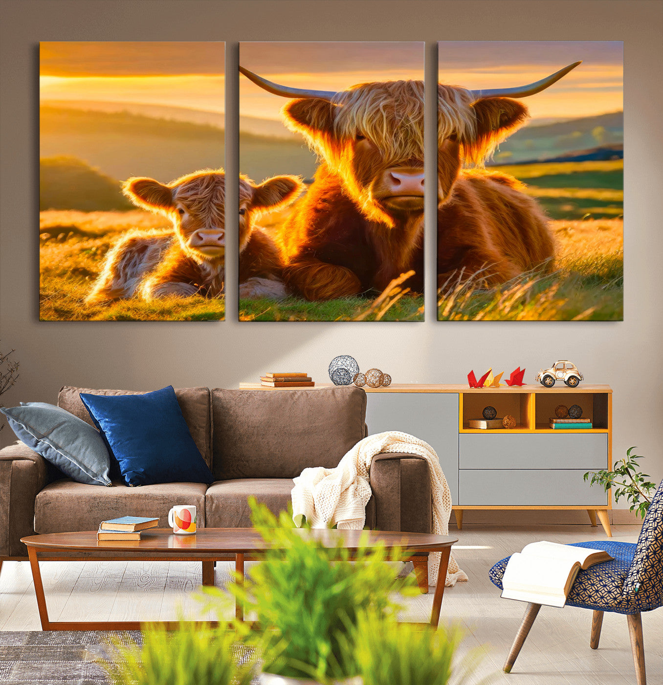 -Scottish Cow and Baby Cow Canvas Wall Art Animal Print Fluffy Cattle Framed Farmhouse Decor