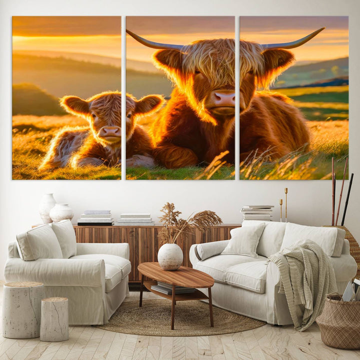 The Scottish Cow and Baby Cow Canvas Wall Art captures sunset fields.