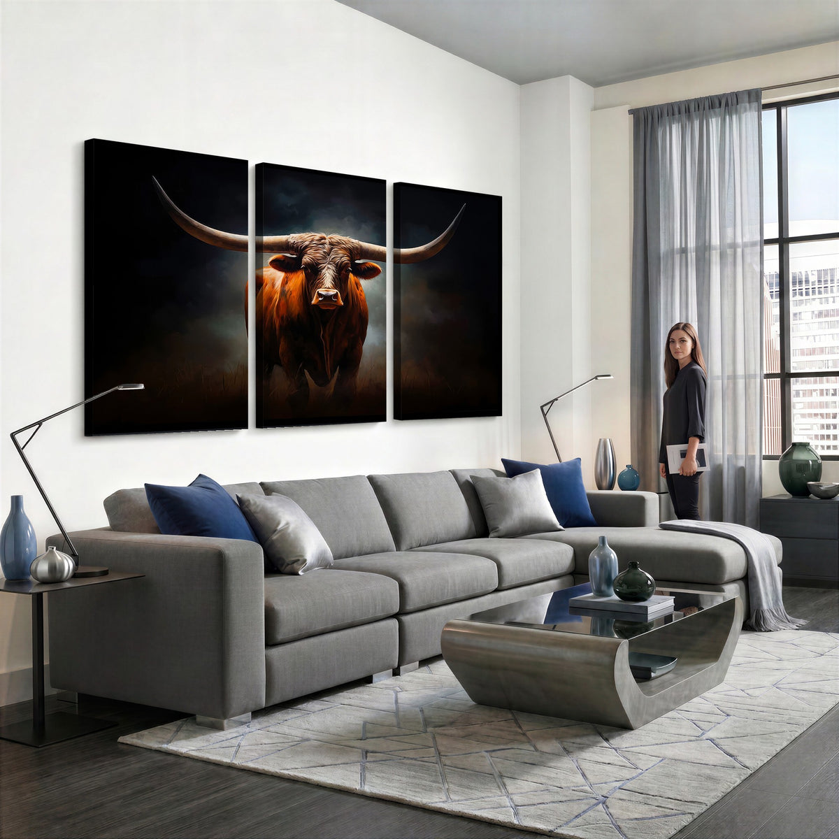 48896-MGV-CV-24X16 - Abstract Texas Longhorn Wall Art Print | 3-Panel Large Texas Longhorn Canvas