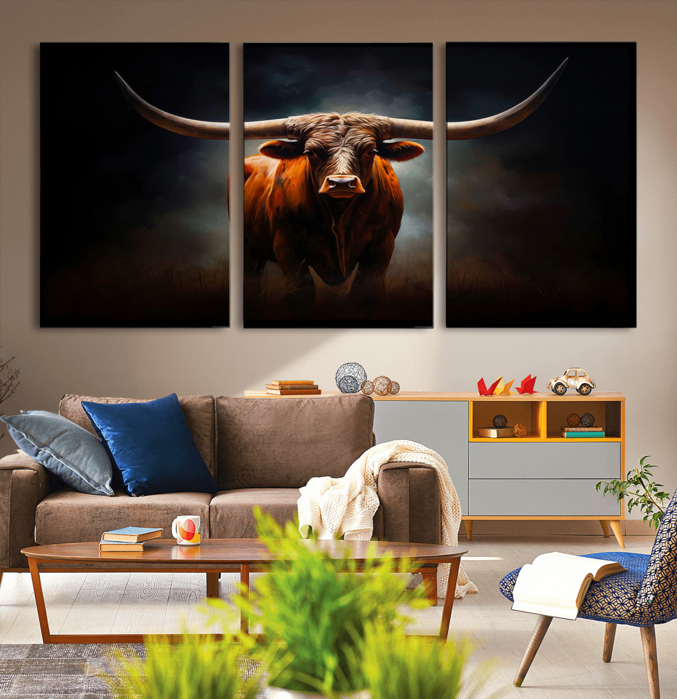 MGV-CV-60X30-3P - Abstract Texas Longhorn Wall Art Print | 3-Panel Large Texas Longhorn Canvas Print for Living Room,