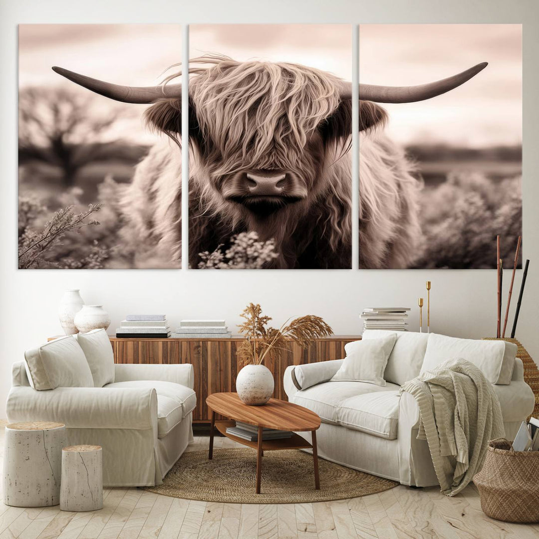 The Scottish Cow Longhorn Wall Art Canvas Print adds charm to the kitchen.