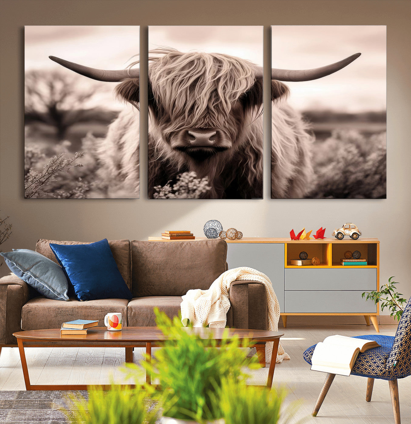 MGV-CV-60X30-3P - Scottish Cow Longhorn Wall Art Canvas Print