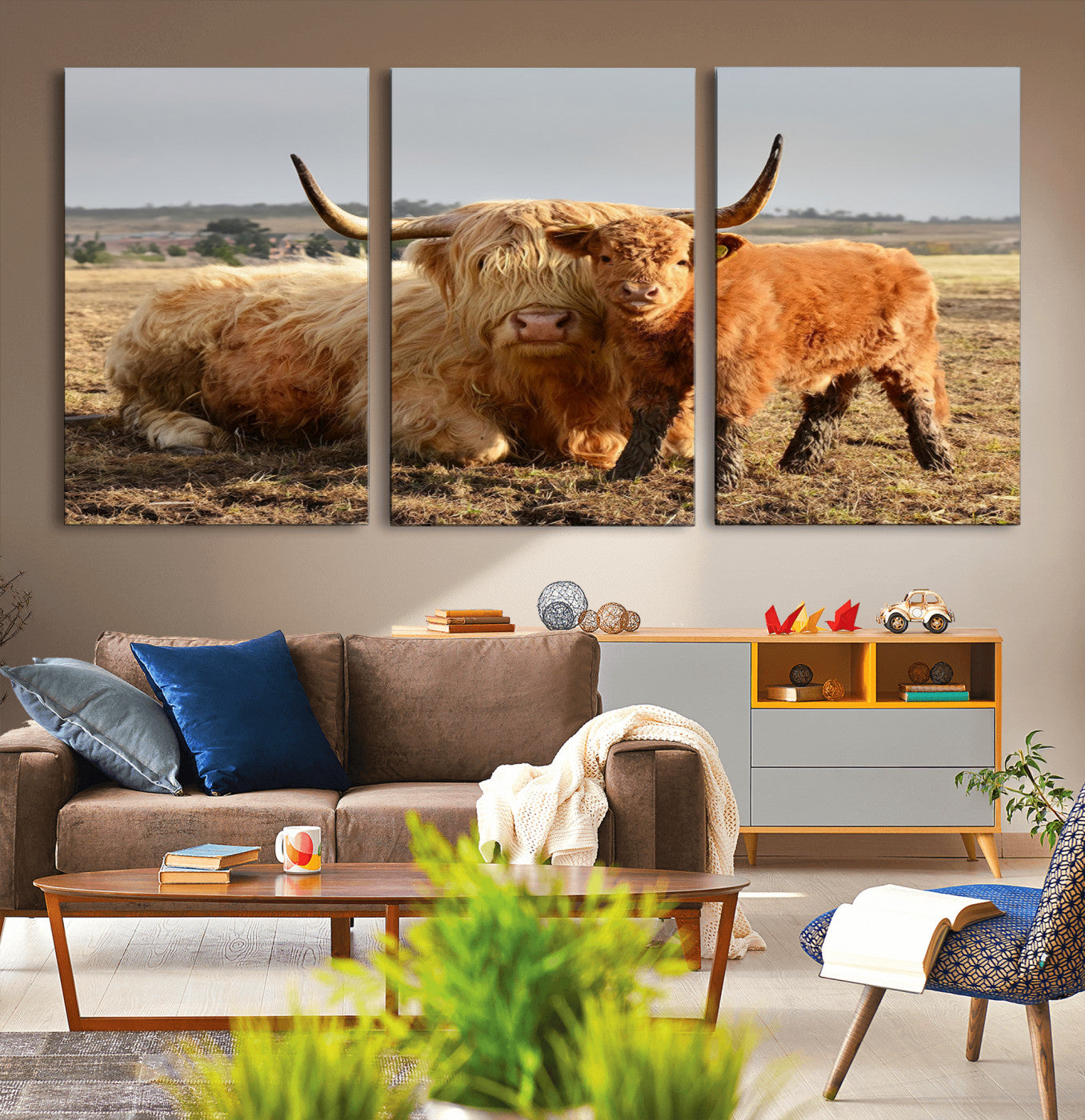 MGV-CV-60X30-3P - Highland Cow Canvas Wall Art Animal Print for Farm House Decor