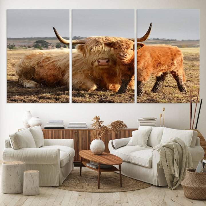 Highland Cow Canvas: a light brown cow and calf in the field, ideal farmhouse decor.