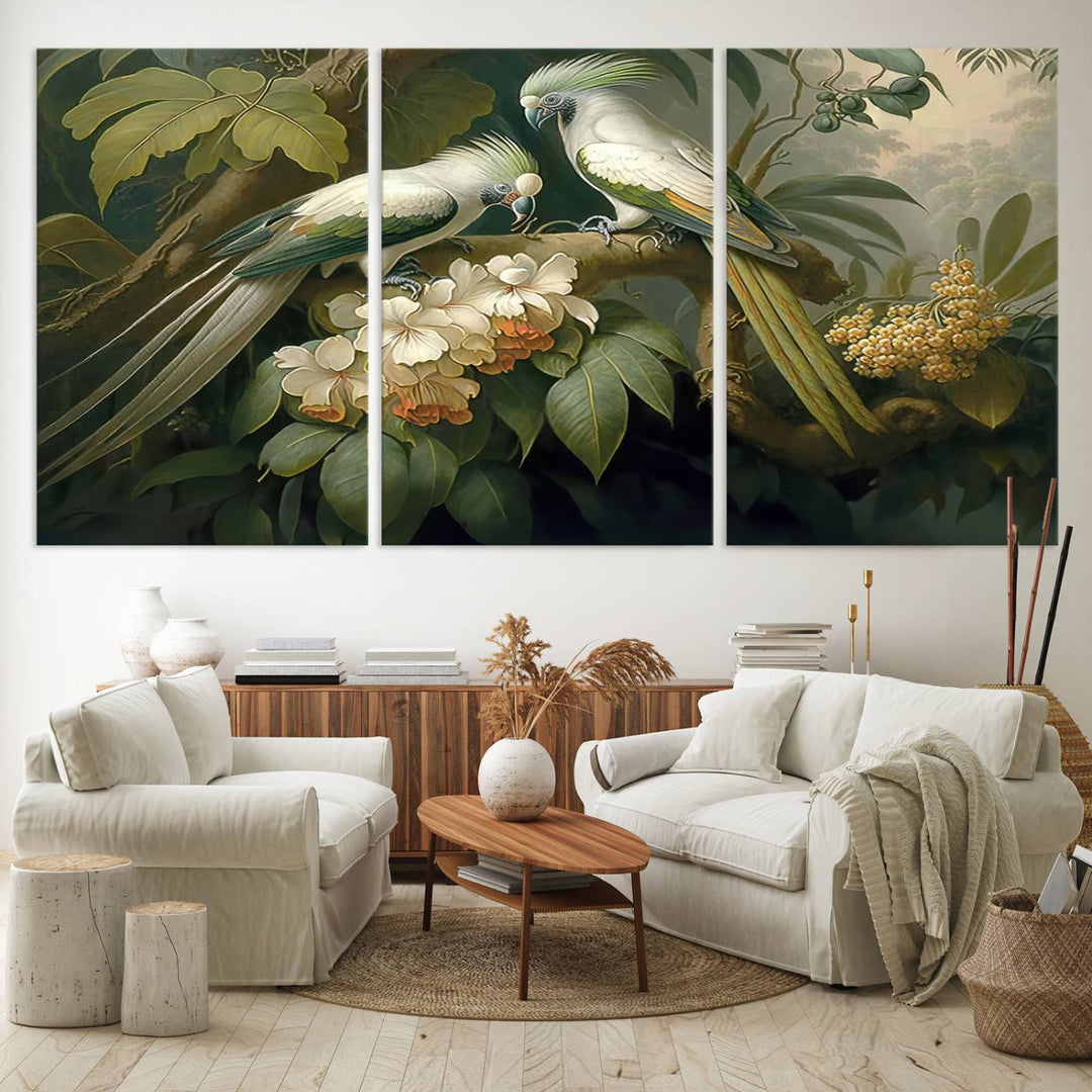 The Tropical Paradise Wall Art features a parrot in a lush forest.